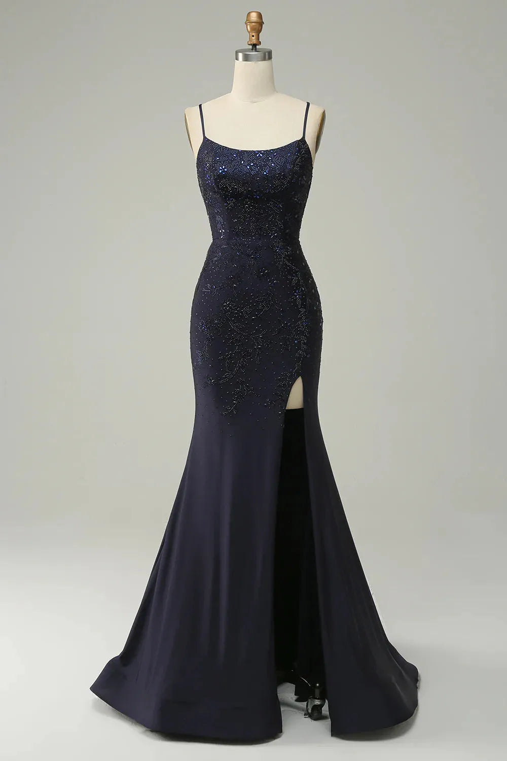 Wholesale Navy Mermaid Spaghetti Straps Beaded Prom Dress with Split prom dresses with long sleeves